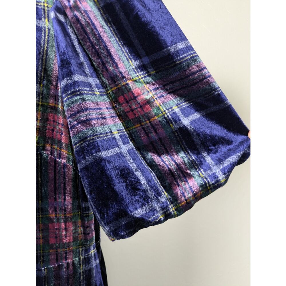Boden Velvet High Neck Dress Short Puff Sleeve Blue Colorful Plaid - Picture 8 of 10